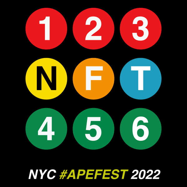 This design is based on the NYC subway signage, with a number or letter in colored circles representing the subway line. Instead it spells out NFT in commemoration of the event held in NYC in 2022.