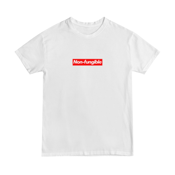 T-shirt design. A twist on the iconic Supreme logo. This design reads "non fungible" in white text on a red rectangle.