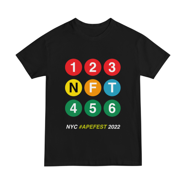 This t-shirt design is based on the NYC subway signage, with a number or letter in colored circles representing the subway line. Instead it spells out NFT in commemoration of the event held in NYC in 2022.