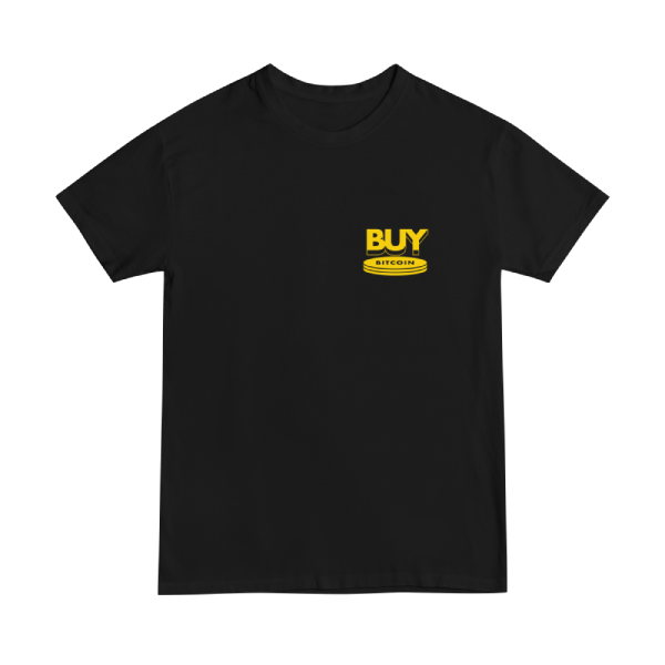 This t-shirt design shows the word BUY above a coin with the word bitcoin written inside.