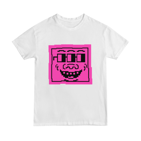 This t-shirt design is a mashup of the classic Keith Haring pink smiling face with the Nouns Dao tripple eyes.