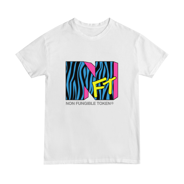 NFT t-shirt design using the MTV logo. The design edition is "zebra" since it uses the famous stripes. This is more of a punk rock inspired design with bright blue, pink and yellow.