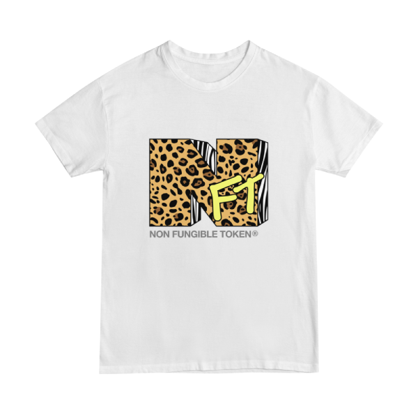 NFT t-shirt design using the MTV logo. The design edition is "leopard" as it uses the dotted pattern.