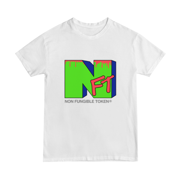 NFT t-shirt design using the MTV logo. The design edition is "halloween" as it has blood drips over shocking green.