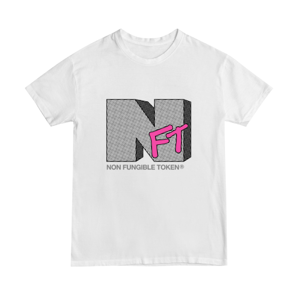 NFT t-shirt design using the MTV logo. The design edition is "xerox" since it is mostly black and white with dot matrix effect.