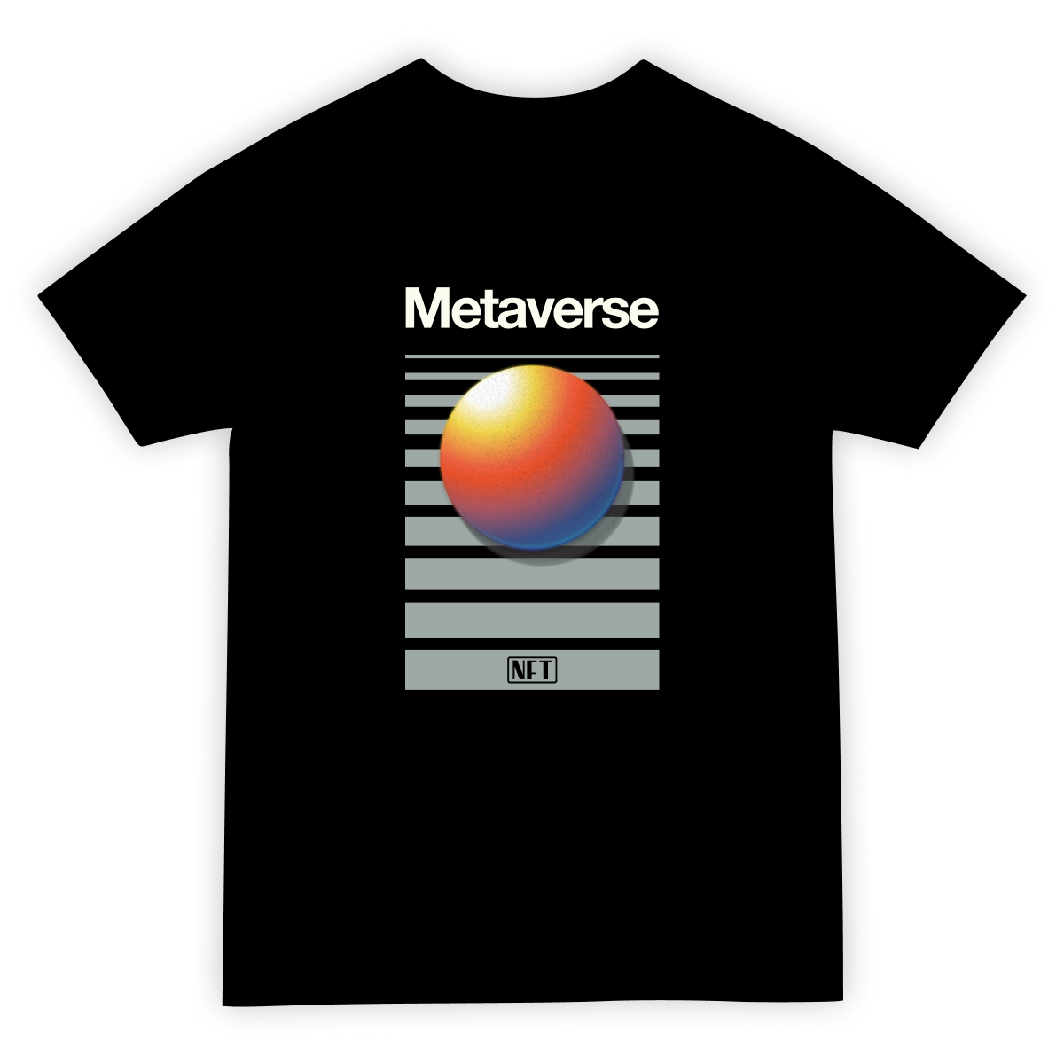 A t-shirt design. The old VHS tape cover design made by Scotch is paid homage in this design. Instead of VHS the words NFT and metaverse adorn the design.